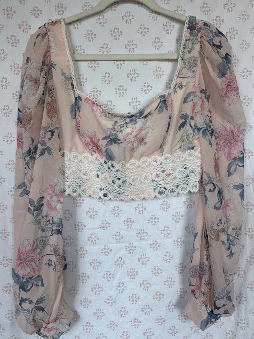 Banjul Sheer Blush Pink Floral Lace-Trim Crop Top